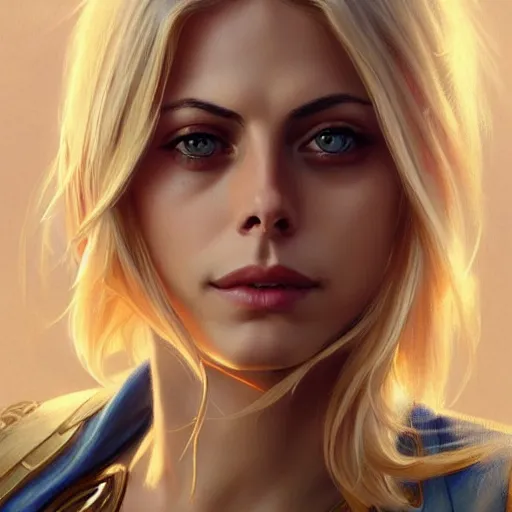 Image similar to Willa Holland with blonde hair as Super Girl, western, D&D, fantasy, intricate, elegant, highly detailed, digital painting, artstation, concept art, matte, sharp focus, illustration, art by Artgerm and Greg Rutkowski and Alphonse Mucha