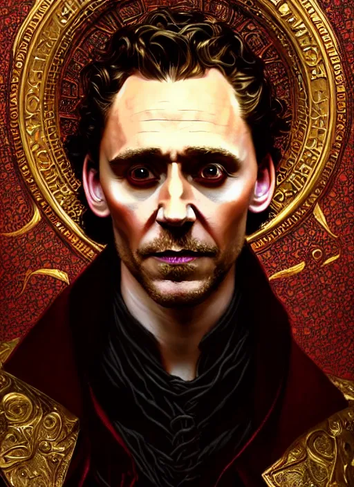 Image similar to portrait of tom hiddleston as a vampire lord, jewelry, intricate, headshot, highly detailed, digital painting, artstation, concept art, sharp focus, cinematic lighting, illustration, art by artgerm and greg rutkowski, alphonse mucha, cgsociety