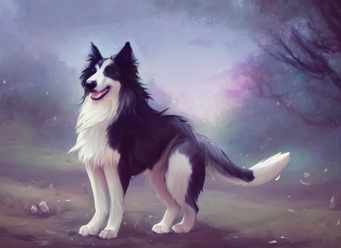 Image similar to wide angle beautiful full body portrait of a cute male anthropomorphic anthro border collie fursona in a park, character design by charlie bowater, henry asencio, and ross tran, disney, scenic background, detailed, glamor pose, aesthetic, trending on artstation, furaffinity, deviantart