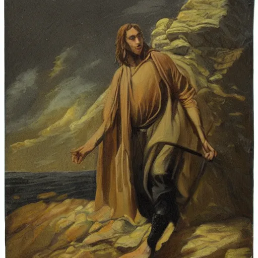 Prompt: a painting in gothic style of a guy with white hoodie pushing a big rock