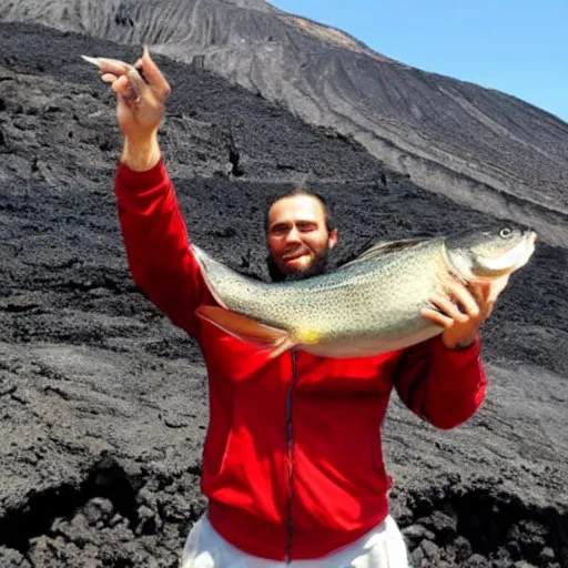 Prompt: a person holding a large fish over his head in a volcano