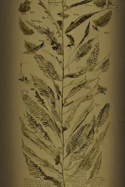 Prompt: scan of the leaves of an old cursed herbarium, by walt disney, infographic, textbook, marginalia, cursed, alien, plant specimens, hortorium, scientific study