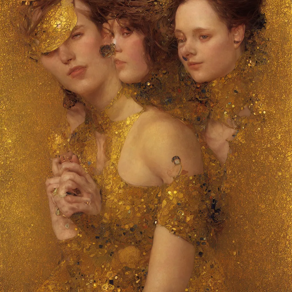 Prompt: seamless intricate klimt golden motives and textures pattern, beautiful young lady face portrait, hyper detailed, octane render, vivid colors, artstation, by jeremy mann, by alphonse mucha, by klimt