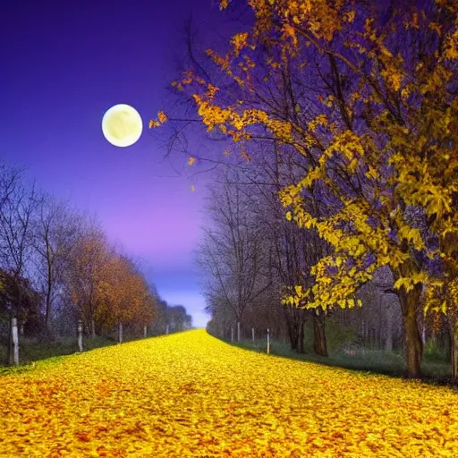 Image similar to Autumn night, Full moon,path surrounded by trees with yellow leafs, beautiful