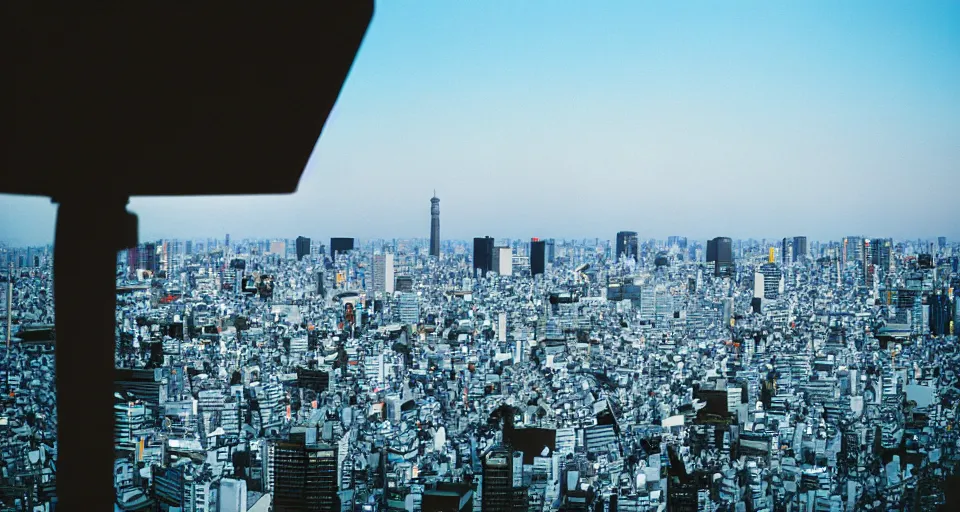 Image similar to photograph of the tokyo skyline, shot on cinestill 5 0 d with a 3 5 mm lens aperture f / 8, dynamic composition, high camera angle, wide angle, full frame, full res, pinpoint sharp focus, hyper realistic