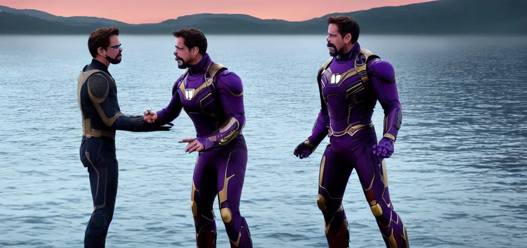 Image similar to a very high resolution image from a new movie. thanos kissing tony stark on a lake, photorealistic, photography, directed by wes anderson