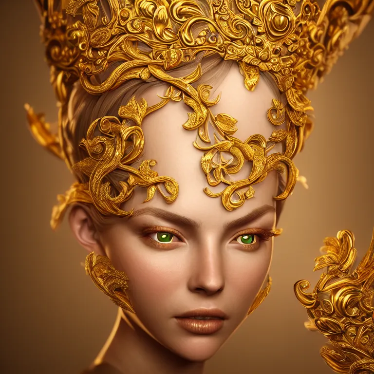 Prompt: wonderful princess of vines with a cream skin, ornate 8 k gorgeous intricate gold detailed, accent white lighting, dramatic light, octane render