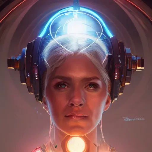 Image similar to portrait of the goddess of science and technology, upper body, D&D, intricate, cinematic lighting, highly detailed, digital painting, artstation, concept art, smooth, sharp focus, illustration, art by Artgerm and Greg Rutkowski