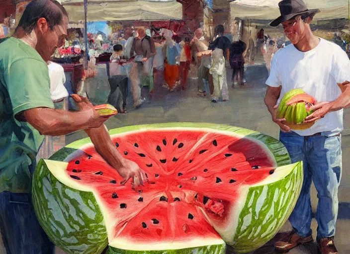 Image similar to a highly detailed beautiful portrait of a big cute spider purchasing a large watermelon, by gregory manchess, james gurney, james jean