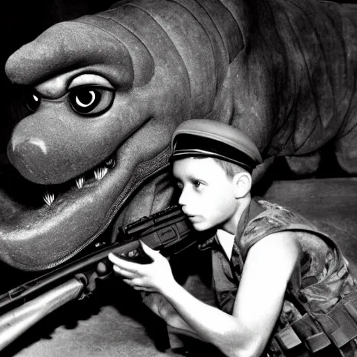 Prompt: Barney the dinosaur holding a rifle during world war 2, realistic, 35mm photograph