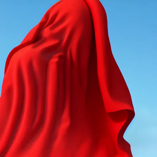 Image similar to a roman statue covered by red cloth that's blowing in the wind, digital art, concept art, cloth simulation with houdini, octane, redshift, 8 k