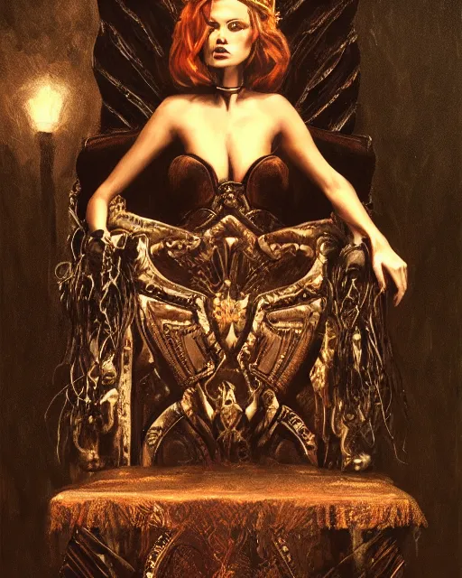 Image similar to an illustration of a dark queen on a throne at night by jose alsina, realistic, detailed, oil painting, 1 9 th