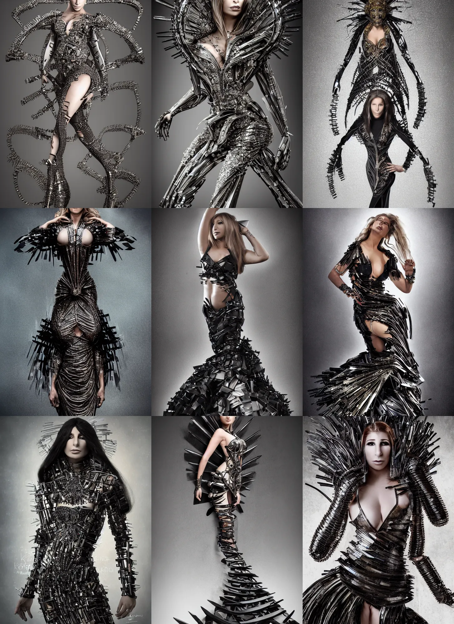 Prompt: expressive full body photo of teenage barbra streisand, dress made of steel blades, glamour shot, by karol bak, stefan gesell, photorealistic, nikon d 4 x, fashion photography, hyper maximalist, elegant, ornate, luxury, elite, environmental portrait, symmetrical features, octane render, unreal engine, solid dark grey background, dramatic lights