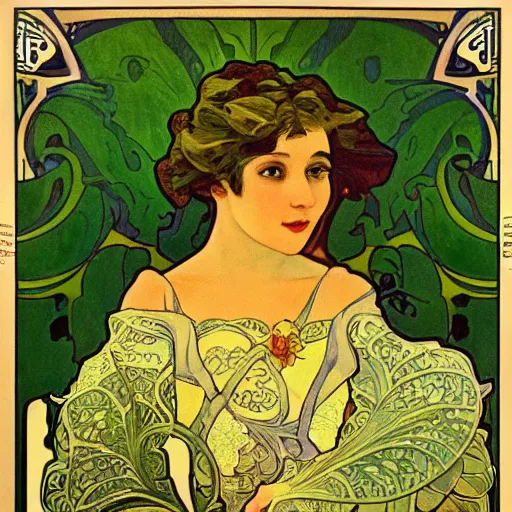 Image similar to a closeup portrait of a young kermit the frog, art nouveau, jugendstil, decorative background, spirals, painted by alphonse mucha