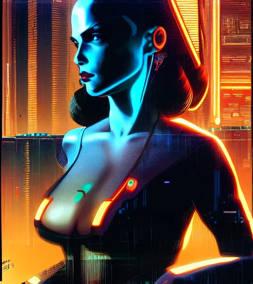 Image similar to cable plugged in, side of head, very very beautiful woman, cyberdeck computer terminal, street level night city, 1 9 7 9 omni magazine cover, style by vincent di fate, artgerm, cyberpunk 2 0 7 7, very coherent, detailed, 4 k resolution, unreal engine, daz