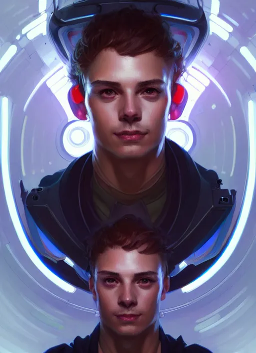Image similar to symmetry!! portrait of male engineer, tech wear, scifi, glowing lights!! intricate elegant, highly detailed, digital painting, artstation, concept art, smooth, sharp focus, illustration, art by artgerm and greg rutkowski and alphonse mucha
