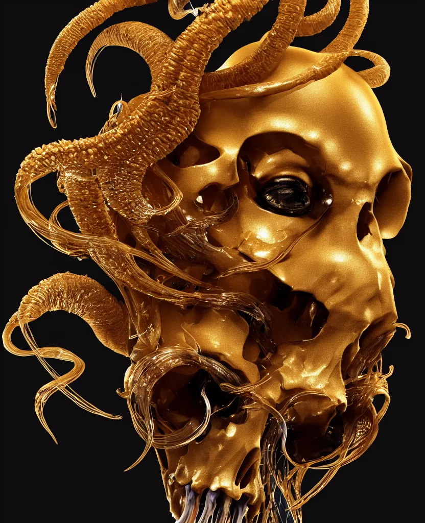 Image similar to black background. goddess princess face close-up portrait ram skull. sculpture made of gold and brilliants. jellyfish phoenix head, nautilus, orchid, skull, betta fish, bioluminiscent creatures, intricate artwork by Tooth Wu and wlop and beeple. octane render, trending on artstation, greg rutkowski very coherent symmetrical artwork. cinematic, hyper realism, high detail, octane render, 8k