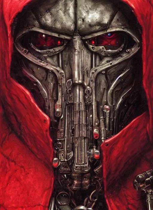 Image similar to portrait of rotten Nicolas Cage as adeptus mechanicus in red hood and robe from Warhammer 40000. Highly detailed, artstation, illustration by and John Blanche and zdislav beksinski and wayne barlowe