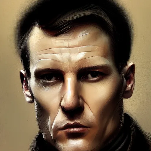 Image similar to Portrait of a man by Greg Rutkowski, he is about 40 years old, mixture between russian and irish, side parted combover brown hair, attractive, NARROW very very very very sharp face ANGULAR hawkish facial features, hooked nose , extremely pale white skin, smart looking, he is wearing a black trenchcoat, highly detailed portrait, scifi, digital painting, artstation, concept art, smooth, sharp foccus ilustration, Artstation HQ