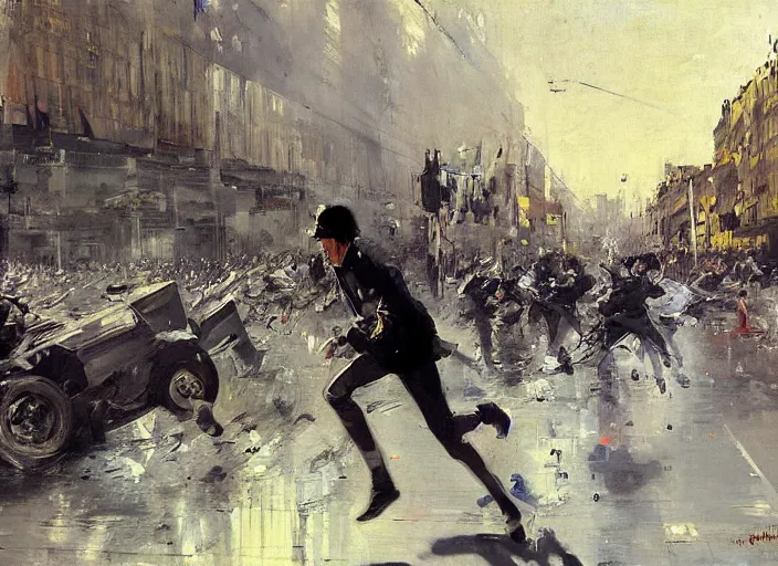 Prompt: a man running at full speed protesting in a dystopian alameda santiago de chile by john berkey and manet