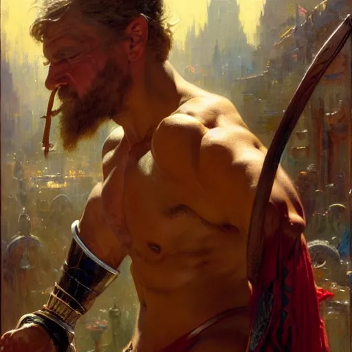 Prompt: stunning master wizard beaten by bodybuilder with bare hands, highly detailed painting by gaston bussiere, craig mullins, j. c. leyendecker, 8 k