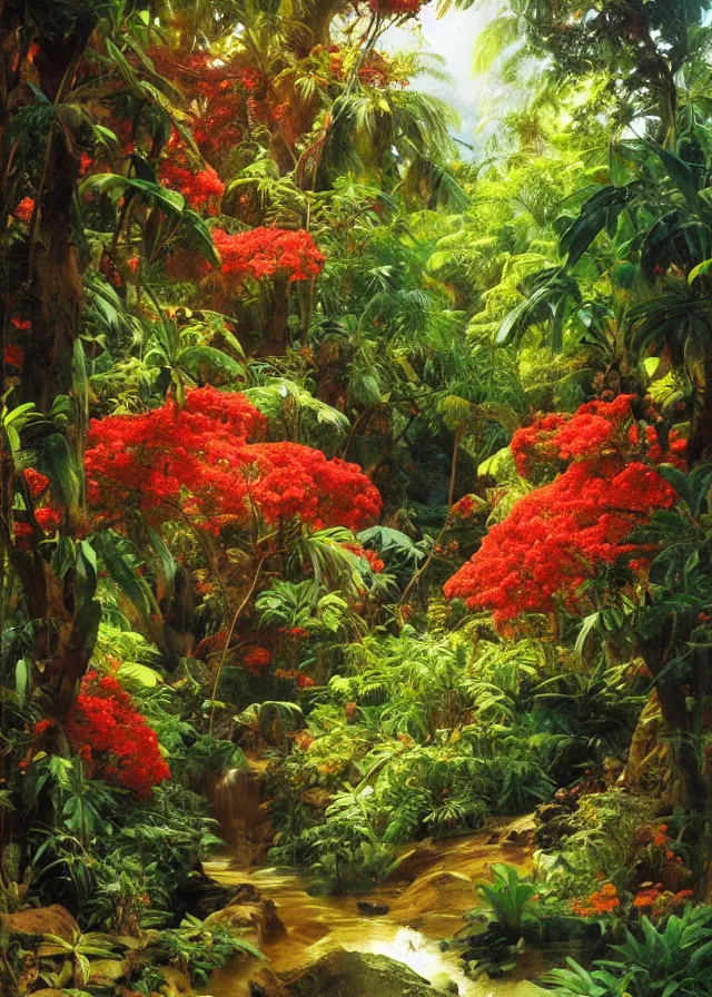 Prompt: rainforest, brightly colored flowers, extremely detailed oil painting, sargent and leyendecker, savrasov levitan polenov, bruce pennington, tim hildebrandt, digital art, landscape painting, trending on artstation, masterpiece