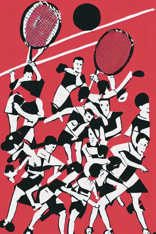 Prompt: an illustration of a tennis match by Marcel Dzama. Screen Printed. Paper texture