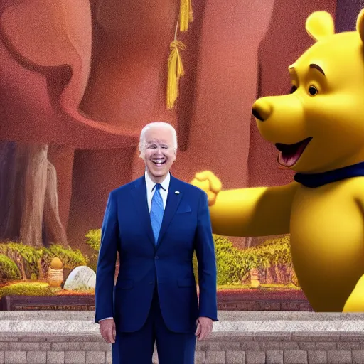 Prompt: Joe Biden standing in front of a massive horrifying statue of Winnie the Pooh wearing a Chinese hat. Highly detailed painting Greg rutkowski. Good clear quality, high detail, octagon render 8k