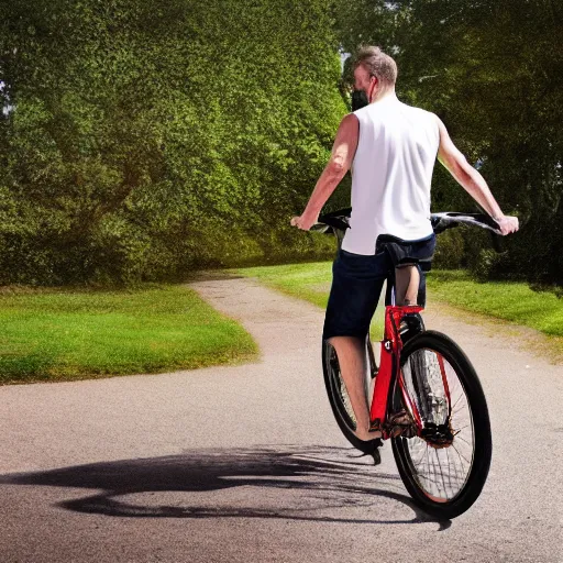 Image similar to man with receding hairline riding bike, detailed, photorealistic, 8 k, wide shot,