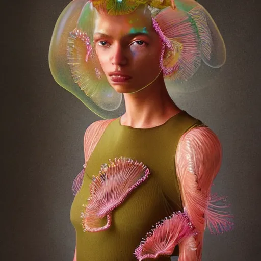 Image similar to a close - up shot of a brown woman wearing a luminous armor made of neon jelly fishes. jellyfish cap. soft lighting. fragile. haunting eyes!! coherent face!! no makeup!! muted colors. by ray caesar. by louise dahl - wolfe. by andrea kowch. surreal photography