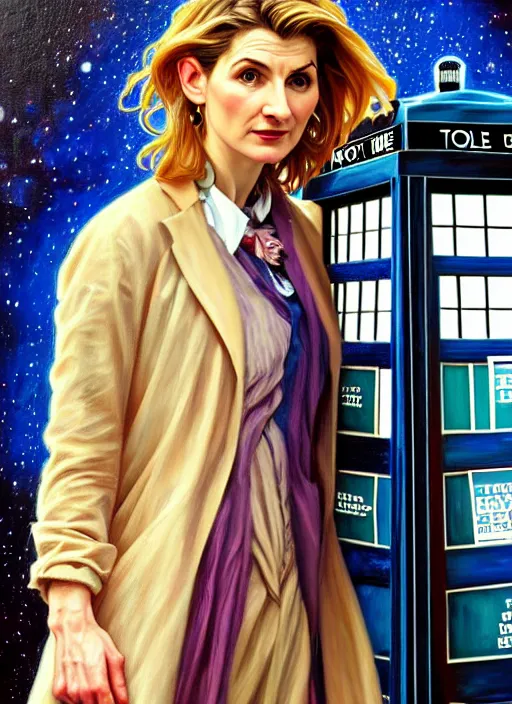 Prompt: oil painting of jodie whittaker with her tardis, intricate, elegant, highly detailed, lighting, painting, artstation, smooth, illustration, art by greg rutowski and alphonse mucha