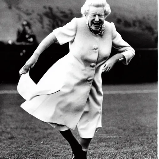 Prompt: queen elizabeth laughing while kicking a soccer ball,