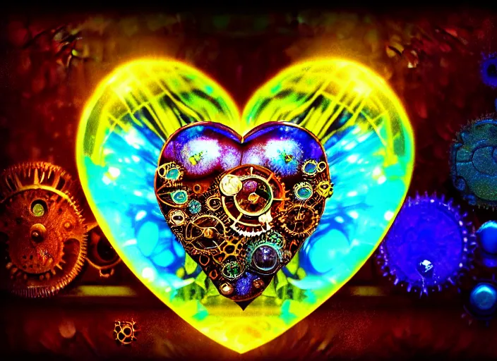 Prompt: steampunk shyny pearled centered symmetrical heart with multicolored gems, jellyfish, glass, ice. by casey baugh, by rembrandt, mandelbulb 3 d, turquoise rust, stained glass, unreal engine, volumetric lightning