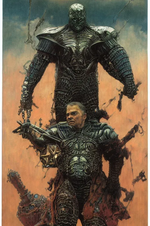 Image similar to full length portrait of giant dark evil armoured marvel supervillain, painted by lawrence alma tadema, zdzislaw beksinski, norman rockwell, jack kirby, tom lovell, alex malveda, greg staples