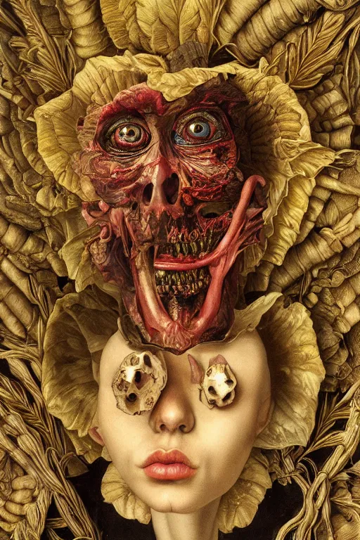 Prompt: Detailed maximalist portrait with large lips and with large, wide eyes, sad expression, extra bones, flesh, HD mixed media, 3D collage, highly detailed and intricate, surreal, botany, illustration in the style of Caravaggio, dark art, baroque