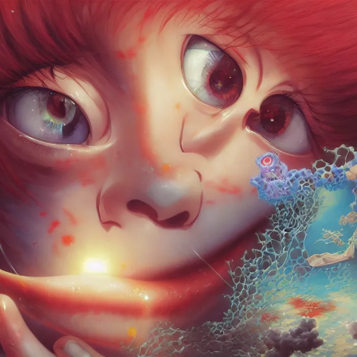 Image similar to Close up Mamimi Samejima Iwakura Lain, LSD Dream Emulator, paranoiascape ps1, official anime key media, Iwakura Lain, LSD Dream Emulator, paranoiascape ps1, official anime key media, painting by Vladimir Volegov, beksinski and dan mumford, giygas, technological rings, johfra bosschart