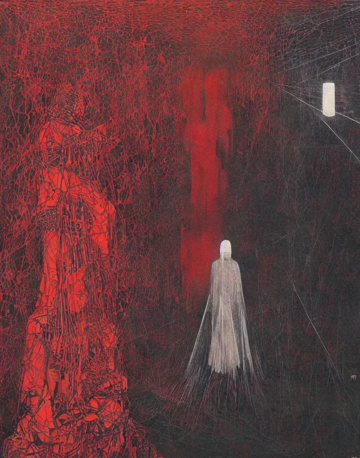 Prompt: worshippers in red robes holding a very large crystal tesseract radiating white light, interior of a small room, glowing crystal tesseract, beksinski painting, part by adrian ghenie and gerhard richter. art by takato yamamoto. masterpiece, deep colours