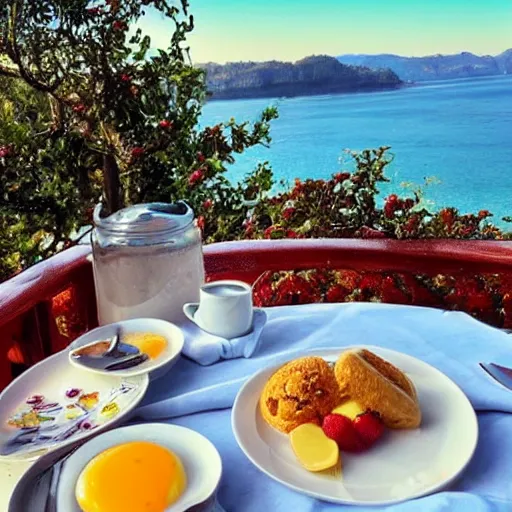 Prompt: beautiful breakfast with beautiful stunning view