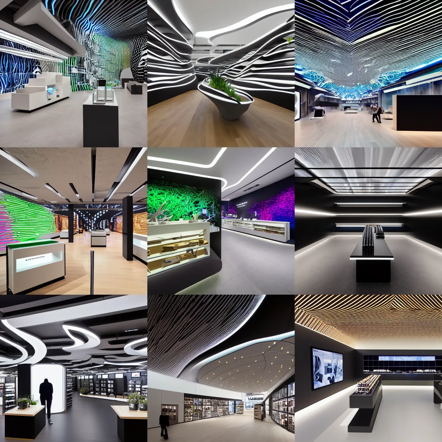 Prompt: hyperdetailed samsung store interior. scifi tech neon by zaha hadid. oak parquet, black walls, digital walls, plants