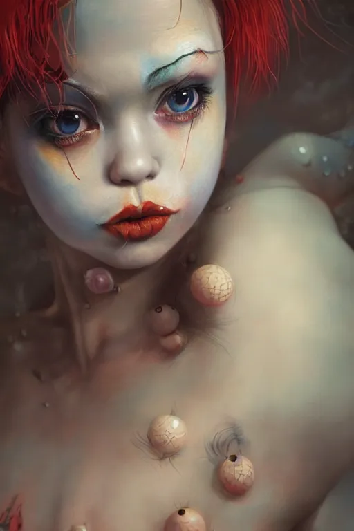 Image similar to breathtaking detailed painting of clown girl , with anxious, piercing eyes, Atari game cover art by Hsiao-Ron Cheng, James jean, Miho Hirano, Hayao Miyazaki, extremely moody lighting, hyperrealistic, octane render, RPG portrait, ambient light, dynamic lighting