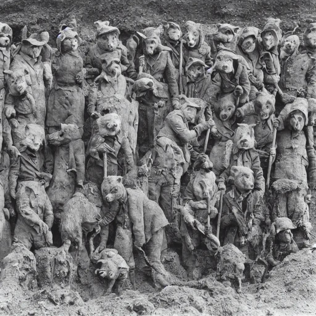 Image similar to a group of badger archaeologists with badger faces, digging at sutton hoo in 1 9 4 0 s suits, standing upright like people, anthropomorphic, style of beatrix potter, their faces are badger's faces, rendered as a highly detailed black & white photograph