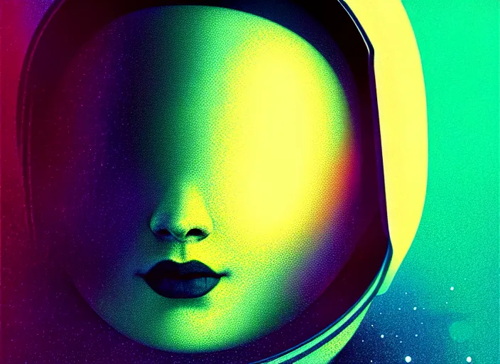 Image similar to portrait of a young astronaut girl, colorful, modern art deco, mads berg, karolis strautniekas, christopher balaskas, stippled light, fog, moody, fine texture, editorial illustration, dramatic lighting, dynamic composition, detailed, matte print, dynamic perspective, muted color