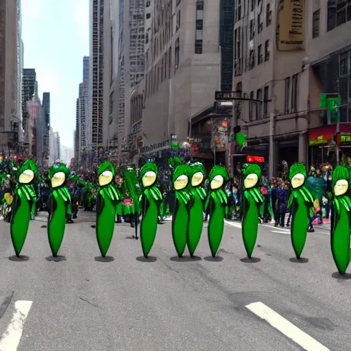 Prompt: a parade of stuffed pickle ricks marching down 5 th ave manhattan on st. patrick's day, 8 k, photo realistic, extremely life like
