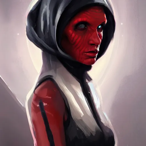 Image similar to portrait of a woman by greg rutkowski, young sith knight darth talon, red and black skin, star wars expanded universe, wearing black robes, she is about 2 0 years old, highly detailed portrait, digital painting, artstation, concept art, smooth, sharp foccus ilustration, artstation hq