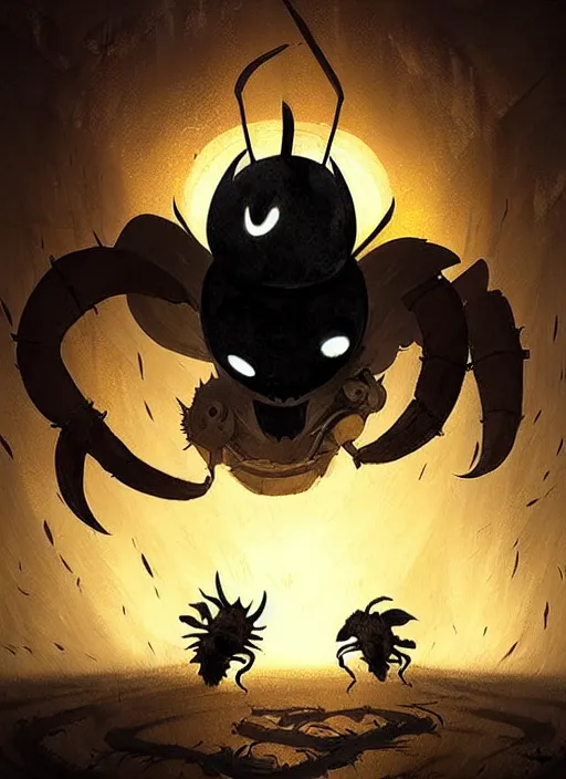 Prompt: horror art, hollow knight, yellow peaks with scorpion in the background, art by greg rutkowski