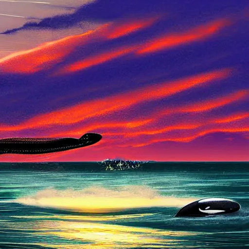 Prompt: a terrifying orca tapdances off the coast of a small fishing village, pads of waves as the sun sets, the fishing village off in the horizon, digital art