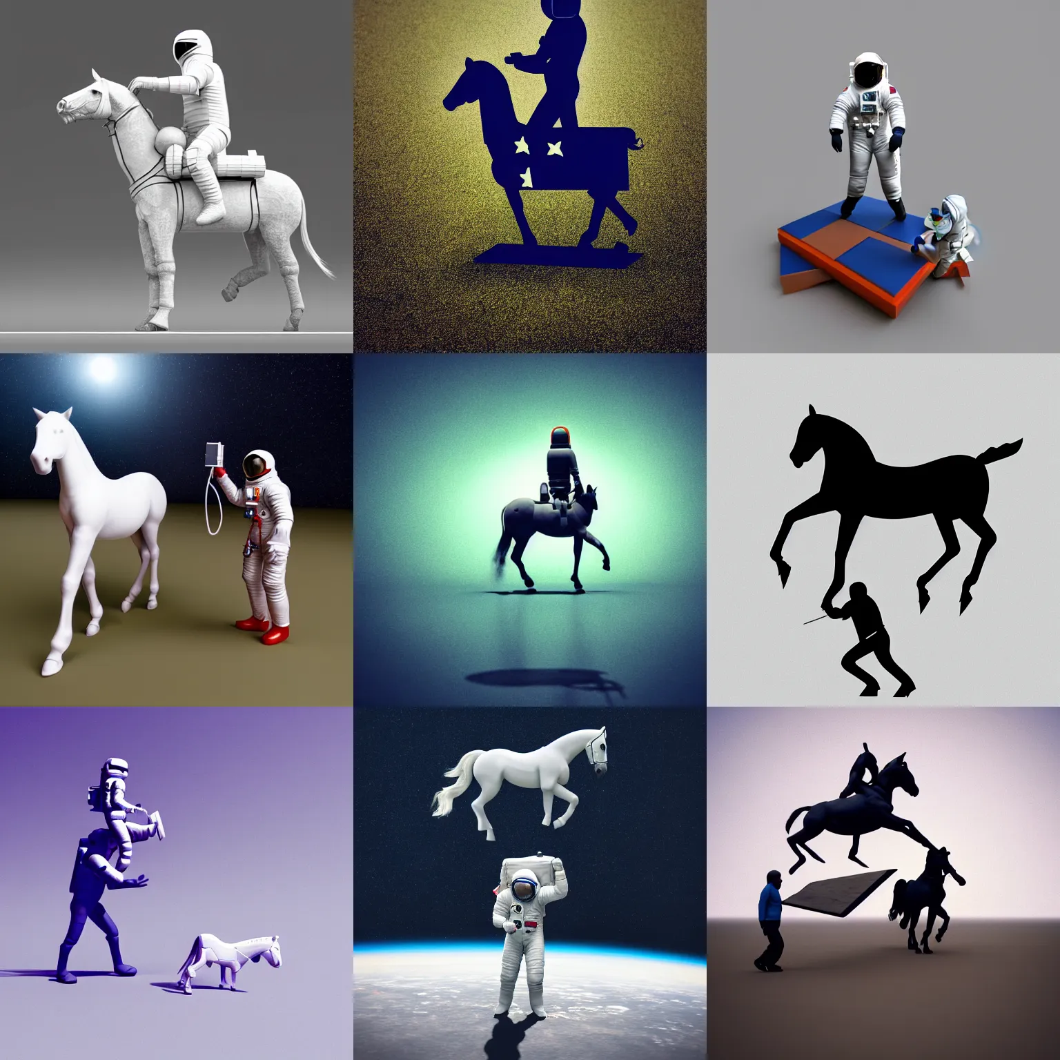 Prompt: an astronaut standing on the ground and a small trippy aggressive centaur standing on that poor human being standing on all fours astronaut, really trying to ride it, the horse is on his shoulders and grabbing them, minimalist style, 3 d render, isometry