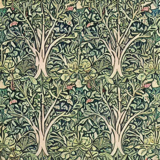 Image similar to william morris wallpaper of tree of life motif.