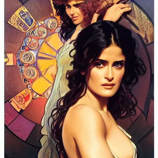 Image similar to salma hayek portrait by alphonse mucha, cyberpunk city bar, perfect proportions, beautiful face, perfect eyes, real life colors, elegant, sharp focus, hyper - realistic, 4 k, highly detailed, hd, dramatic lighting by brom