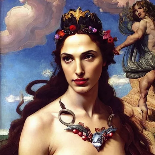 Image similar to Head and shoulders masterpiece portrait oil painting of the beautiful goddess Gal Gadot as Persephone, she is wearing roman clothes and a surreal jewelry, her hair is natural disheveled, she is approaching heaven over the clouds, naturalism, dramatic lighting, high-detailed oil painting by Ilya Repin, Michelangelo da Caravaggio, William Blake, Alex Grey and Beksinski, trending on Artsation, hystorical painting, naturalism, masterpiece, 4k, 8k,